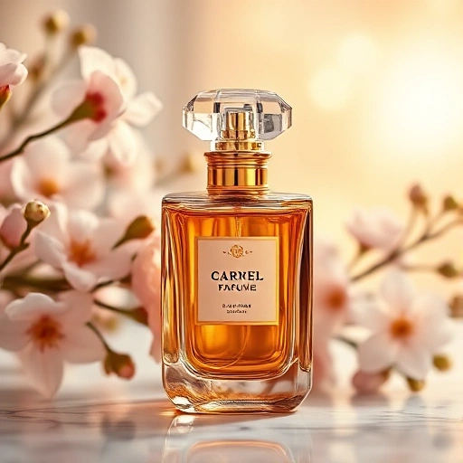 A luxurious perfume bottle with golden accents, surrounded by blooming flowers and soft glowing light, elegant glass reflecting warm amber liquid, delicate mist rising, high-end cosmetic display on marble surface, soft bokeh background, ultra-detailed, photorealistic, smallHQ style