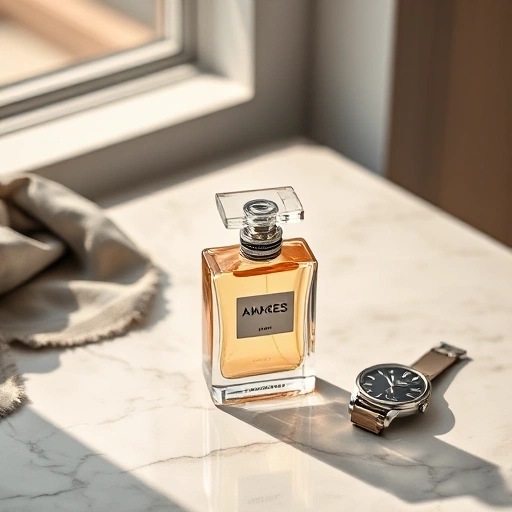 A modern, elegant perfume bottle with a sleek glass design, placed on a minimalist marble surface, surrounded by subtle hints of luxury fashion — a silk scarf, a designer watch, and soft natural light from a nearby window, evoking sophistication and trend awareness