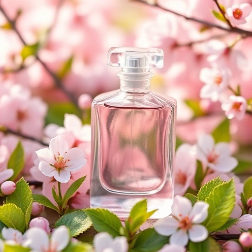 A delicate spring-themed perfume bottle made of translucent glass with soft pink and pale green gradients, resting on a bed of fresh cherry blossoms and dewy green leaves, with soft morning light filtering through, evoking a fresh, floral, and uplifting spring mood — no text, no labels, no logos, no people