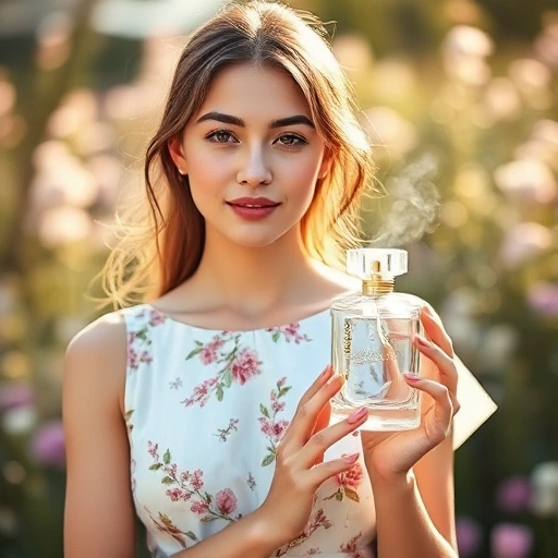 A young woman in her early twenties with soft, natural makeup, wearing a light floral dress, standing in a sunlit garden with blooming flowers and gentle bokeh background, holding a delicate glass perfume bottle with a minimalist design, subtle golden accents, and a faint mist of fragrance visible in the air around her, evoking freshness, youth, and elegance