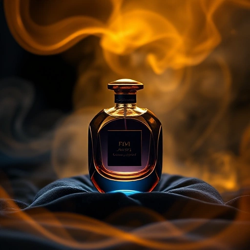 A luxurious perfume bottle with a unique, artistic design, glowing softly on a dark velvet surface, surrounded by abstract swirls of golden and deep blue mist, evoking exclusivity and individuality, high detail, cinematic lighting, no text or labels