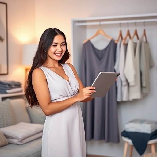 A modern woman in a cozy home setting trying on a stylish dress with a smile, holding a tablet showing a virtual fitting room interface, surrounded by neatly folded clothes and a soft lamp glow, natural lighting, realistic details, no text or logos visible