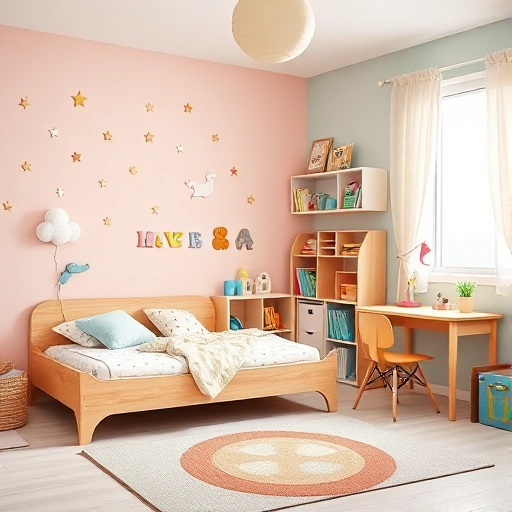 A cozy and colorful children's bedroom with modern, safe furniture: a low wooden bed with rounded edges, a small desk with a chair, open shelves with toys and books, soft rug on the floor, pastel-colored walls with playful wall decals of stars and animals, natural light from a window with light curtains