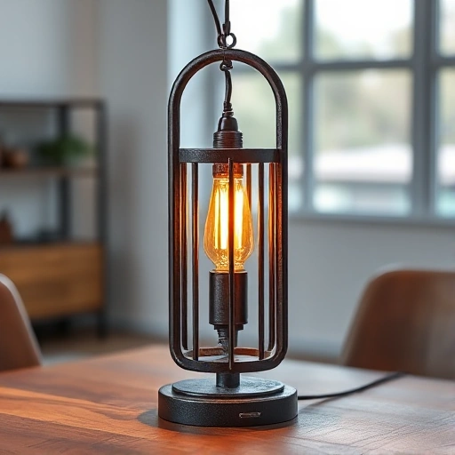 A modern industrial-style iron lamp with unique design and high durability, placed on a minimalist wooden table in a well-lit contemporary interior, showing detailed texture of forged metal, warm ambient glow from the bulb, subtle shadows highlighting structural strength and craftsmanship, no text or logos visible