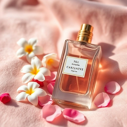 A close-up of an elegant perfume bottle on a soft velvet surface, surrounded by delicate flowers like jasmine and rose petals, with soft natural lighting highlighting the glass and liquid inside, evoking luxury and sophistication