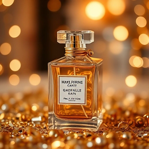 A luxurious perfume bottle with golden accents, surrounded by sparkling confetti and soft party lights, elegant and festive atmosphere, shallow depth of field, high detail, warm ambient glow