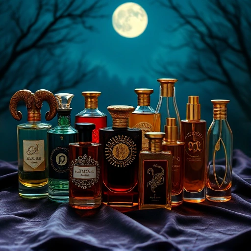 A mystical zodiac-themed perfume collection displayed on a velvet cloth under soft moonlight, each bottle uniquely designed with symbols of the 12 zodiac signs — Aries as a ram’s horn cap, Taurus with emerald inlay, Gemini with twin spirals, Cancer with moon-phase engraving, Leo with golden lion mane detailing, Virgo with wheat stalk motif, Libra with balanced scales etched in silver, Scorpio with scorpion tail curl, Sagittarius with arrow-shaped nozzle, Capricorn with mountain goat horn base, A