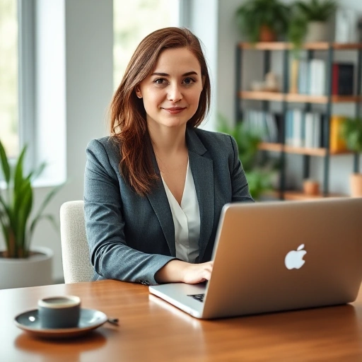 A professional online psychologist named Oxana German sitting at a modern desk with a laptop, wearing business-casual attire, calm and attentive expression, soft natural lighting, minimalist home office background with plants and bookshelves, subtle digital interface elements suggesting video call, warm and trustworthy atmosphere
