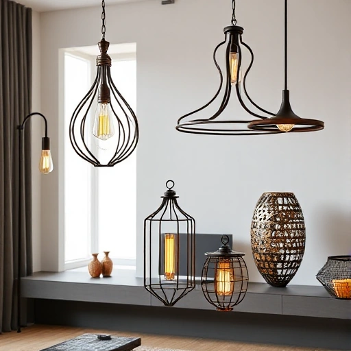 A collection of unique iron lighting fixtures from osgarforge.ru, showcasing intricate hand-forged designs with artistic curves, textured surfaces, and warm ambient glow, displayed in a minimalist modern interior setting with soft natural light highlighting the metalwork details