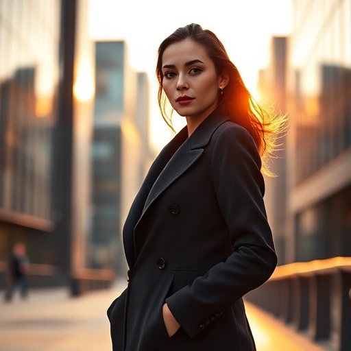 A confident woman standing in a modern urban setting at golden hour, wearing an elegant tailored coat, subtle makeup, and a poised expression, with soft natural lighting highlighting her silhouette, surrounded by faint abstract swirls suggesting luxurious fragrance notes like jasmine, sandalwood, and bergamot, no visible perfume bottle, no text, no logos, minimalist and sophisticated atmosphere