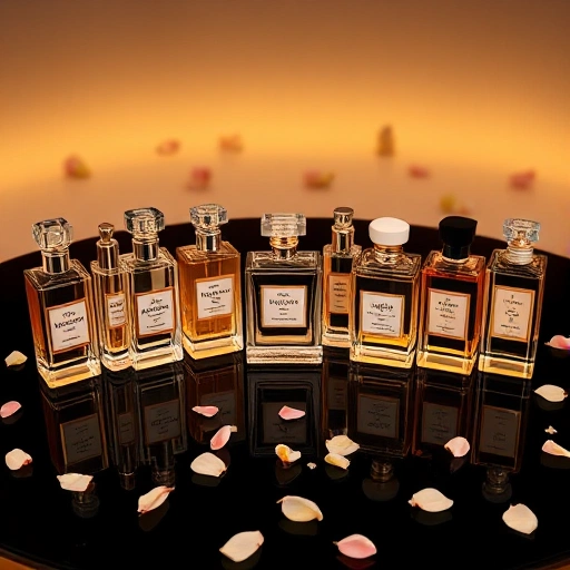 A luxurious display of ten elegant women's perfume bottles from 2021, arranged in a semi-circle on a mirrored black surface with soft golden lighting, each bottle uniquely designed with high-end glass, metallic accents, and delicate labels, surrounded by faint floating petals of jasmine, rose, and vanilla blossoms, evoking sophistication and femininity, no text or logos visible