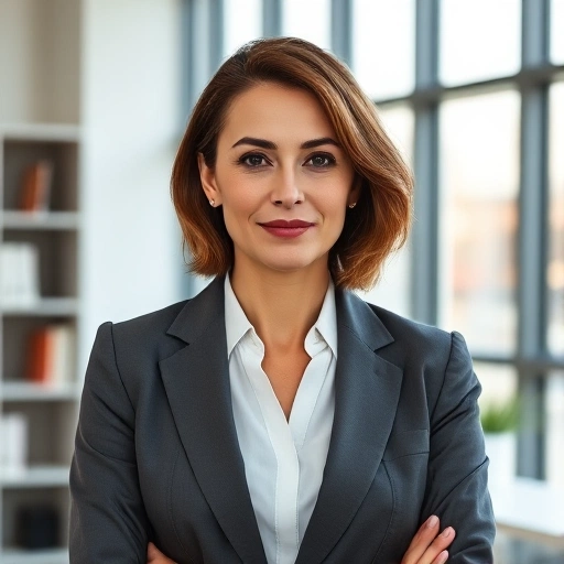 A professional portrait of Oksana German, a confident and experienced woman in her late 30s to early 40s, wearing a tailored business suit in neutral tones, standing in a modern office environment with soft natural light from a large window, subtle background of bookshelves and minimalist decor, focused expression, poised posture, conveying competence and expertise, high detail, realistic lighting, shallow depth of field