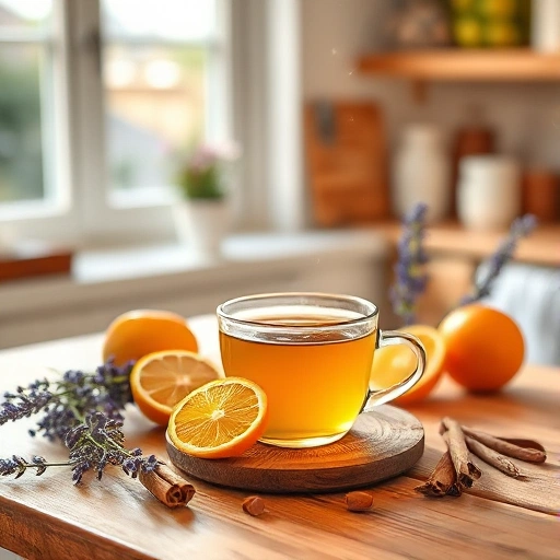 A cozy kitchen scene with a steaming cup of herbal tea on a wooden table, surrounded by fresh citrus slices, lavender sprigs, cinnamon sticks, and vanilla pods, soft morning light filtering through a window, warm and inviting atmosphere, subtle floating scent lines visualized as delicate golden wisps in the air, no text or labels, photorealistic detail, smallHQ style