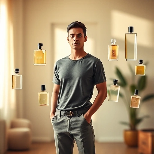 A person standing confidently in soft natural light, surrounded by floating translucent perfume bottles of various shapes and colors, each reflecting subtle scents as delicate wisps of light — jasmine, sandalwood, citrus — blending into the air like invisible emotions. The person’s expression is serene and self-aware, wearing minimalist modern clothing, with no visible logos or text. The background is a blurred, warm-toned interior with soft shadows and diffused sunlight, evoking intimacy and pe