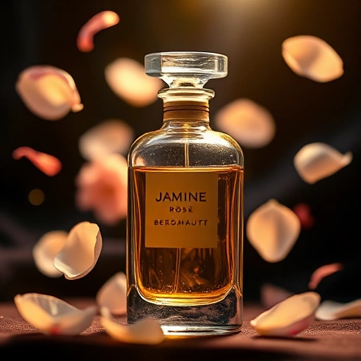 A close-up of a delicate glass perfume bottle with golden liquid inside, surrounded by floating translucent flower petals (jasmine, rose, and bergamot) and soft glowing light rays, set against a blurred dark velvet background, evoking luxury and mystery, ultra-detailed, photorealistic, smallHQ style