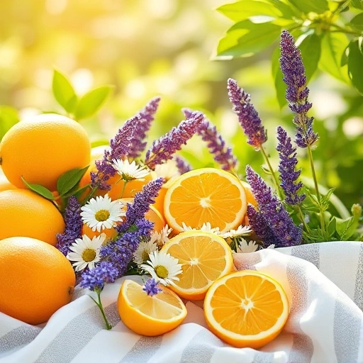 A vibrant summer scene with fresh citrus fruits like lemons and oranges, blooming flowers such as lavender and daisies, a gentle breeze moving light linen fabric, and soft sunlight filtering through green leaves, evoking the feeling of fresh summer aromas