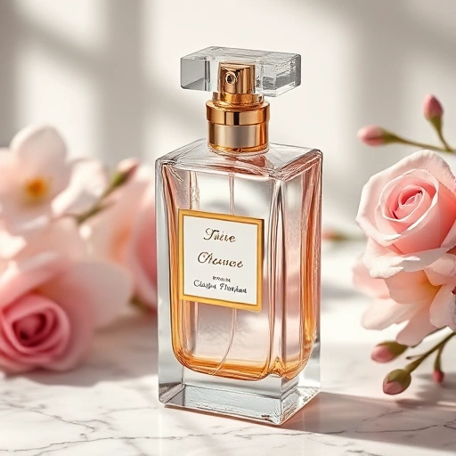 A luxurious perfume bottle with elegant glass design, golden accents, and delicate floral patterns, placed on a marble surface with soft natural lighting, surrounded by blooming flowers like jasmine and rose, evoking sophistication and modern fragrance trends of the year