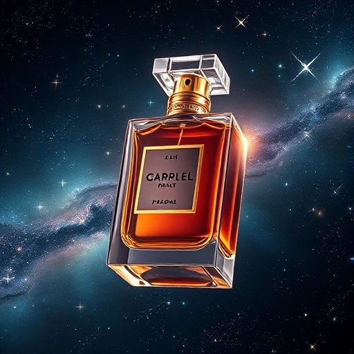 A luxurious perfume bottle floating in space, surrounded by sparkling stars and nebulae, with elegant golden accents and soft glowing light, evoking a celestial fragrance from world-renowned brands