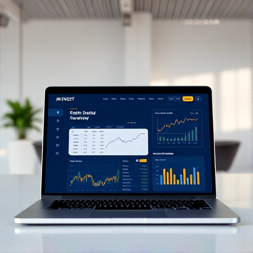 A modern, professional website overview of JK Invest, featuring a clean dashboard with financial charts, stock market graphs, investment portfolio summaries, and a sleek dark-blue and gold color scheme, displayed on a laptop screen in a minimalist office setting with soft natural lighting, no text or letters visible on the screen