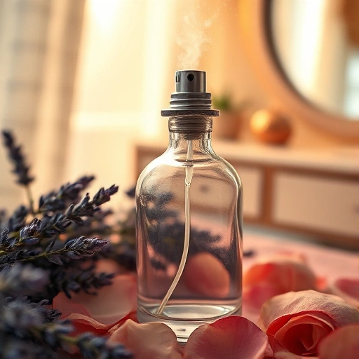 A close-up of a vintage glass perfume bottle with a delicate spray mist, surrounded by fresh flowers like lavender and rose petals, soft natural light filtering through a linen curtain, wooden vanity table in the background, subtle dust particles visible in the air, warm golden hour ambiance, hyper-detailed textures on glass and petals, shallow depth of field