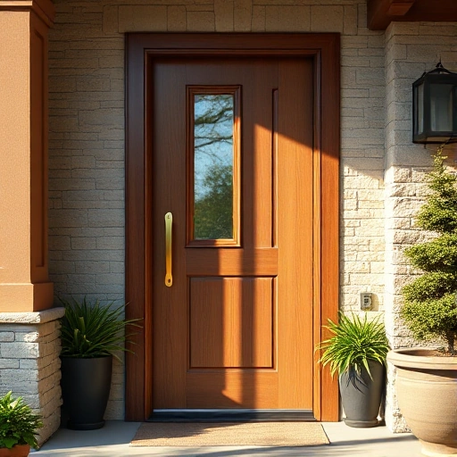 A modern wooden front door with a glass panel, brass handle, and subtle decorative molding, set in a residential entryway with soft natural lighting, surrounded by a stone wall and potted plants, emphasizing security, durability, and aesthetic appeal
