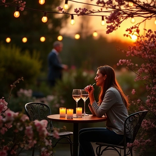 A romantic evening setting with a couple sitting at a small outdoor table under soft string lights, sharing a glass of wine, surrounded by blooming flowers and subtle hints of fragrance like floating rose petals and vanilla-scented candles, warm golden hour lighting, intimate and dreamy atmosphere