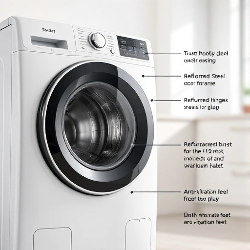 A modern, reliable washing machine in a clean, well-lit kitchen or laundry room setting, showing its front panel with clear controls, stainless steel drum visible through a transparent door, and subtle indicators of durability like reinforced hinges and anti-vibration feet. The scene conveys trust and quality through minimalistic design, soft natural lighting, and absence of clutter.