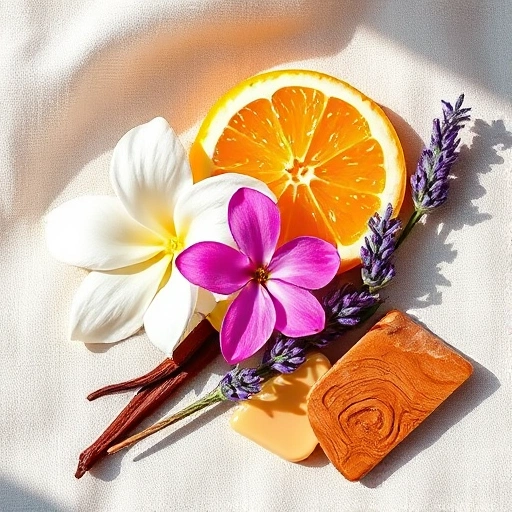 A vibrant collage of the most popular seasonal fragrances: a blooming jasmine flower, a ripe bergamot citrus slice, a warm vanilla bean pod, a sprig of fresh lavender, and a woody sandalwood chip, arranged artfully on a soft linen background with natural morning light, evoking elegance and sensory richness