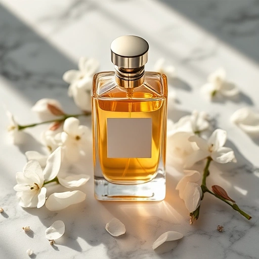 A modern, elegant perfume bottle with soft golden liquid inside, placed on a marble surface surrounded by delicate white flowers like jasmine and rose petals, soft natural lighting, minimalist luxury aesthetic, high detail, smallHQ style