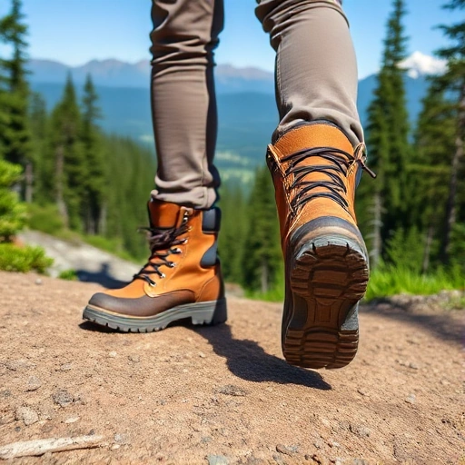 A person wearing comfortable hiking boots standing on a mountain trail surrounded by forest and distant peaks, clear sky, natural lighting, focus on footwear detail, realistic style
