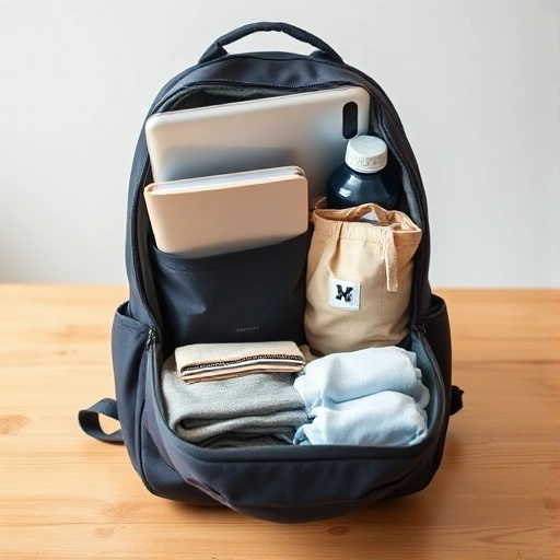 A well-organized backpack with compartments visible, showing neatly packed items like a laptop, water bottle, notebook, and clothes arranged by category, placed on a clean wooden table in natural daylight, minimalistic and tidy aesthetic