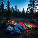 A cozy outdoor scene showing a person selecting a sleeping bag in a forest clearing at dusk, with various sleeping bags laid out on a tarp, surrounded by pine trees, a backpack, and a lantern casting warm light, emphasizing comfort and practicality for hiking