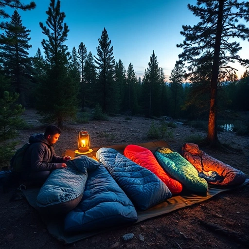 A cozy outdoor scene showing a person selecting a sleeping bag in a forest clearing at dusk, with various sleeping bags laid out on a tarp, surrounded by pine trees, a backpack, and a lantern casting warm light, emphasizing comfort and practicality for hiking