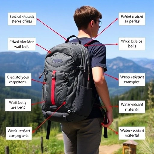 A person standing on a mountain trail holding a hiking backpack, showing key features like padded shoulder straps, waist belt, multiple compartments, and water-resistant material, with a scenic natural background of forests and peaks under clear sky