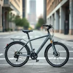 A modern urban gray bicycle with sleek design, parked on a city street with subtle architectural elements in the background, emphasizing versatility and style, soft natural lighting, high detail, minimalist composition