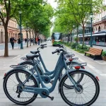 A modern urban scene featuring several sleek gray city bicycles parked along a clean, tree-lined bike path in a European-style city. The bicycles have minimalist designs with integrated lights, fenders, and rear racks. In the background, pedestrians walk on wide sidewalks, trams glide silently on rails, and green spaces with benches and lampposts enhance the livable atmosphere. The lighting is soft daylight, suggesting a calm morning or afternoon. No text, signs, or logos appear on the bicycles