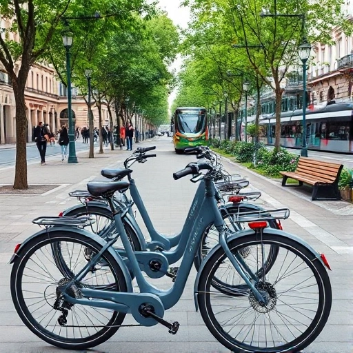 A modern urban scene featuring several sleek gray city bicycles parked along a clean, tree-lined bike path in a European-style city. The bicycles have minimalist designs with integrated lights, fenders, and rear racks. In the background, pedestrians walk on wide sidewalks, trams glide silently on rails, and green spaces with benches and lampposts enhance the livable atmosphere. The lighting is soft daylight, suggesting a calm morning or afternoon. No text, signs, or logos appear on the bicycles