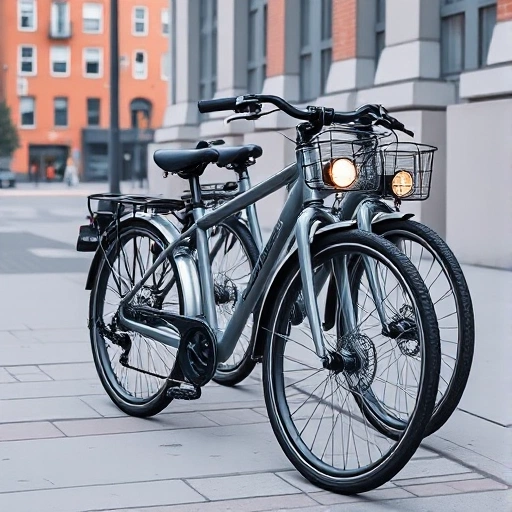 A detailed illustration of urban gray bicycles with modern design, featuring sleek frames, integrated lights, fenders, and urban accessories like baskets or racks, parked on a city sidewalk with subtle background elements of brick buildings and pavement, emphasizing functionality and minimalist urban aesthetics