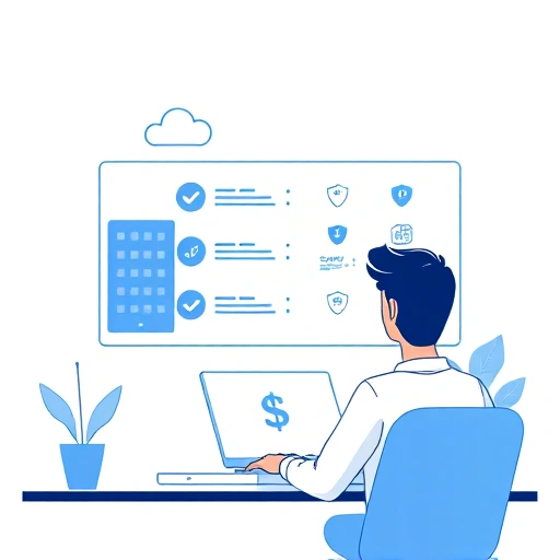A modern, clean illustration of a person sitting at a laptop, reviewing hosting options on a screen with icons representing cloud servers, uptime graphs, security shields, and pricing plans — all in a minimalist, professional tech style with soft blue and white tones, no text or labels visible